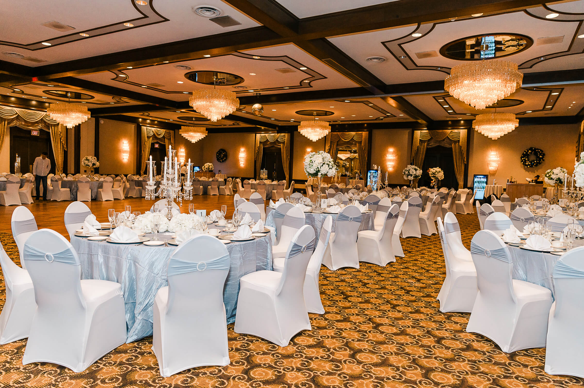 Winter themed tables and chairs set up at Chateau Lacombe