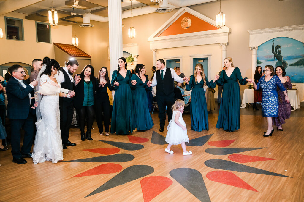 Wedding celebration with dancing guests